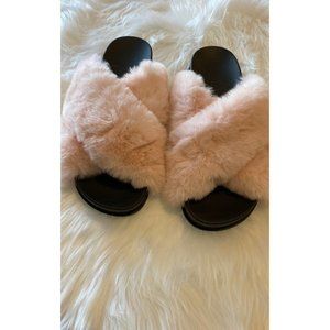 Cross Strap Pink and Black Furry Slide Sandals
